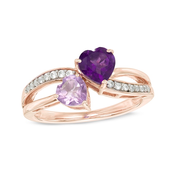 Heart-Shaped Amethyst and Lab-Created White Sapphire Ring in Sterling Silver with 14K Rose Gold Plate