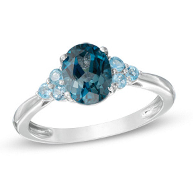 Main Image 1 of Oval London and Swiss Blue Topaz Tri-Sides Ring in 10K White Gold