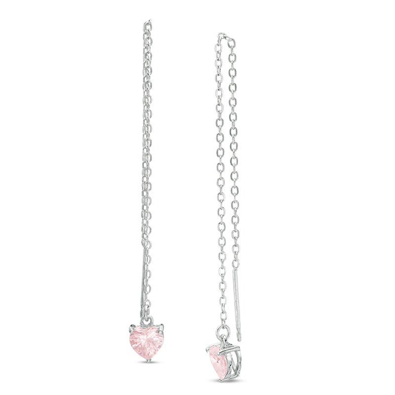 Main Image 1 of Heart-Shaped Lab-Created Pink Sapphire Chain Drop Earrings in Sterling Silver