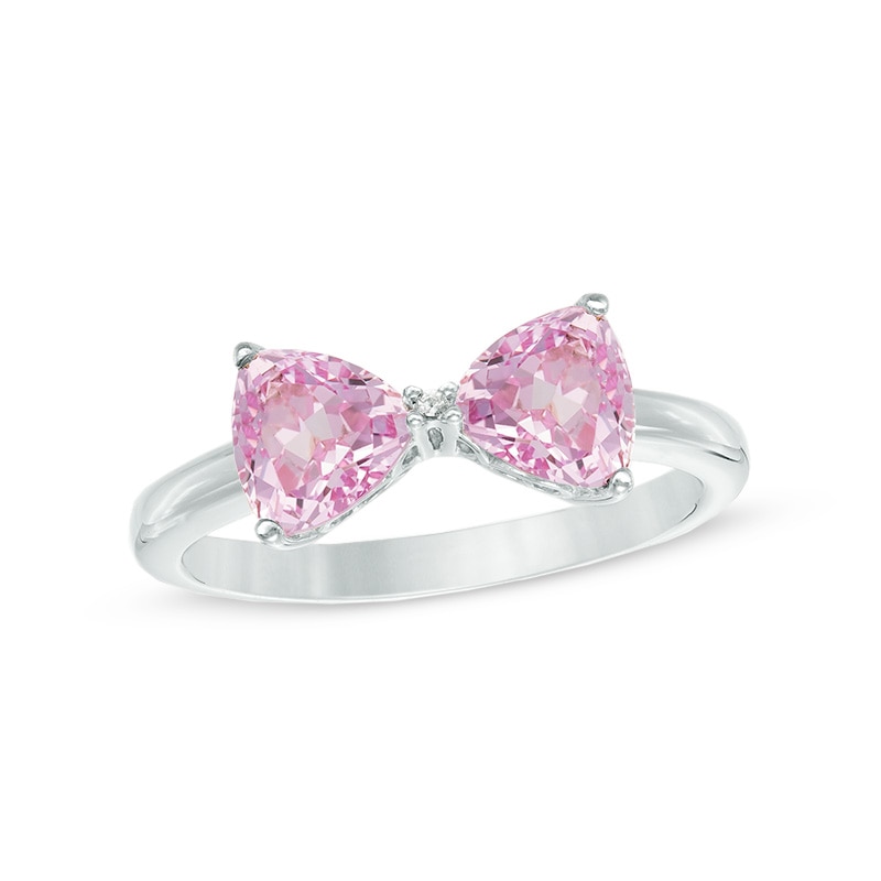 Main Image 1 of Trillion-Cut Lab-Created Pink and White Sapphire Bow Tie Ring in Sterling Silver