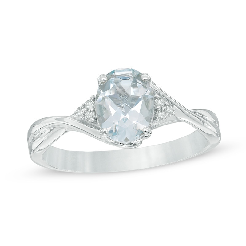 Main Image 1 of Oval Aquamarine and Diamond Accent Tri-Sides Ring in Sterling Silver