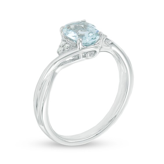 Oval Aquamarine and Diamond Accent Tri-Sides Ring in Sterling Silver
