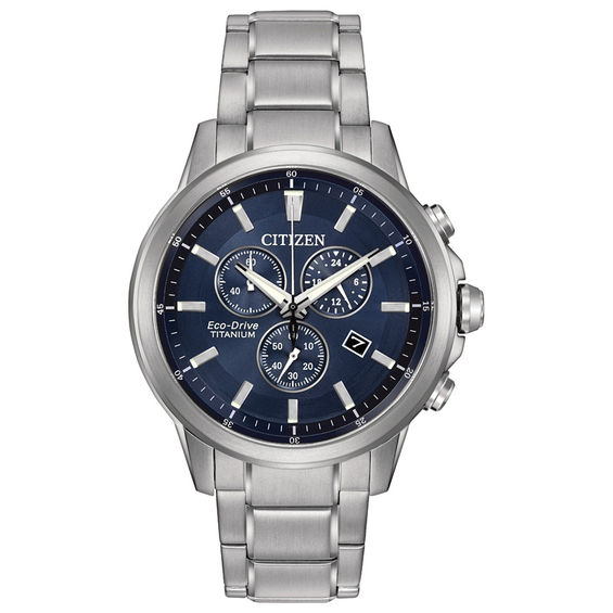 Men’s Citizen Eco-Drive® IP Titanium Chronograph Watch with Navy Blue Dial (Model: AT2340-56L)