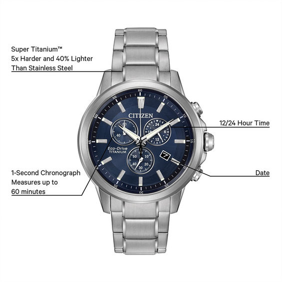 Men’s Citizen Eco-Drive® IP Titanium Chronograph Watch with Navy Blue Dial (Model: AT2340-56L)