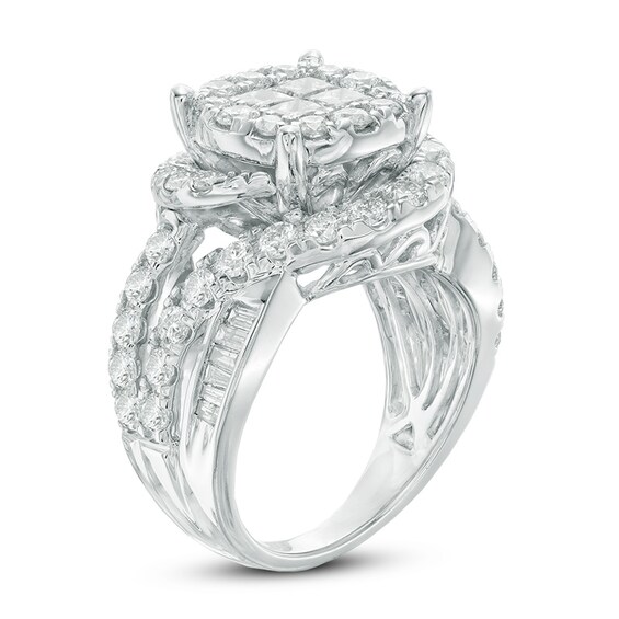 3 CT. T.w. Quad Princess-Cut Diamond Round Frame Swirl Ring in 14K White Gold