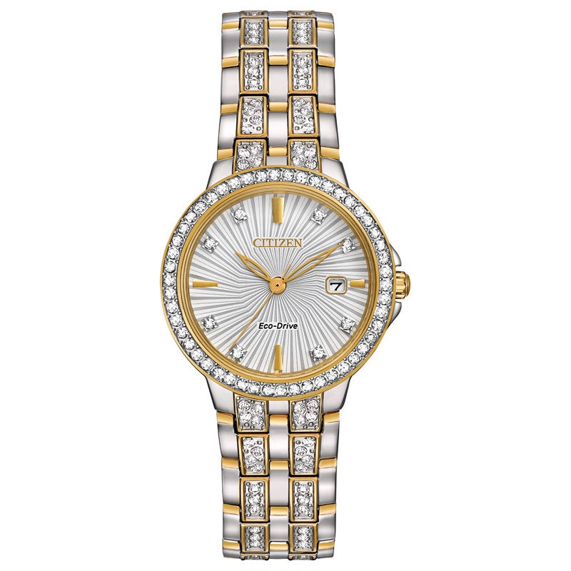 Ladies' Citizen Eco-Drive® Silhouette Crystal Accent Two-Tone Watch with Silver-Tone Dial (Model: EW2344-57A)