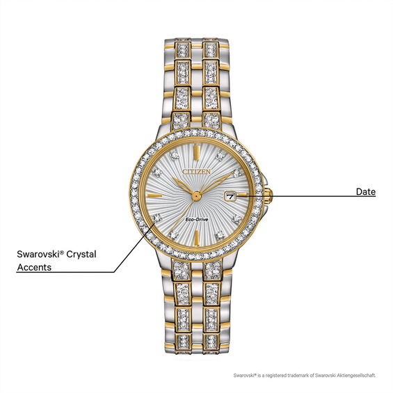 Ladies' Citizen Eco-DriveÂ® Silhouette Crystal Accent Two-Tone Watch with Silver-Tone Dial (Model: Ew2344-57A)