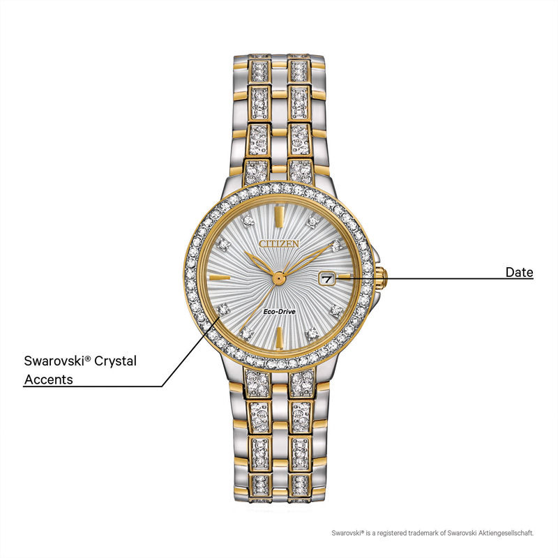 Ladies' Citizen Eco-Drive® Silhouette Crystal Accent Two-Tone Watch with Silver-Tone Dial (Model: EW2344-57A)