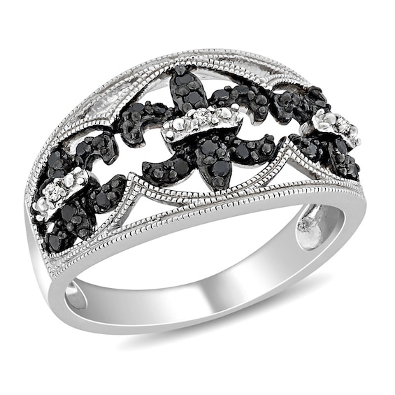 1/4 CT. T.w. Enhanced Black and White Diamond Vintage-Style Fleur-de-Lis Ring in Sterling Silver