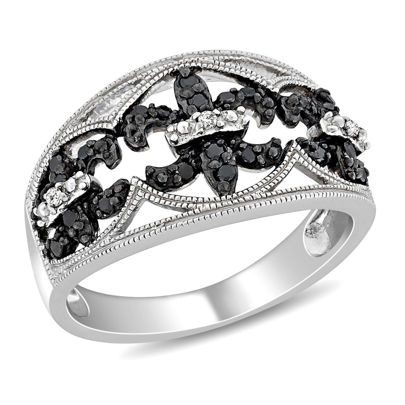 Main Image 1 of 1/4 CT. T.W. Enhanced Black and White Diamond Vintage-Style Fleur-de-Lis Ring in Sterling Silver