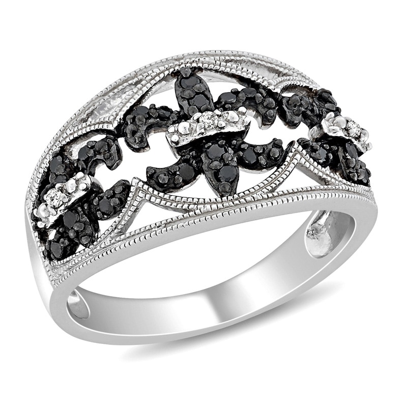 1/4 CT. T.W. Enhanced Black and White Diamond Vintage-Style Fleur-de-Lis Ring in Sterling Silver