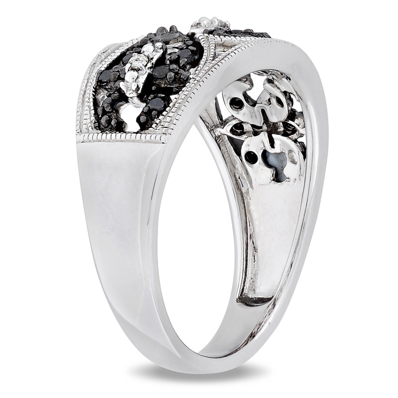 Main Image 2 of 1/4 CT. T.W. Enhanced Black and White Diamond Vintage-Style Fleur-de-Lis Ring in Sterling Silver