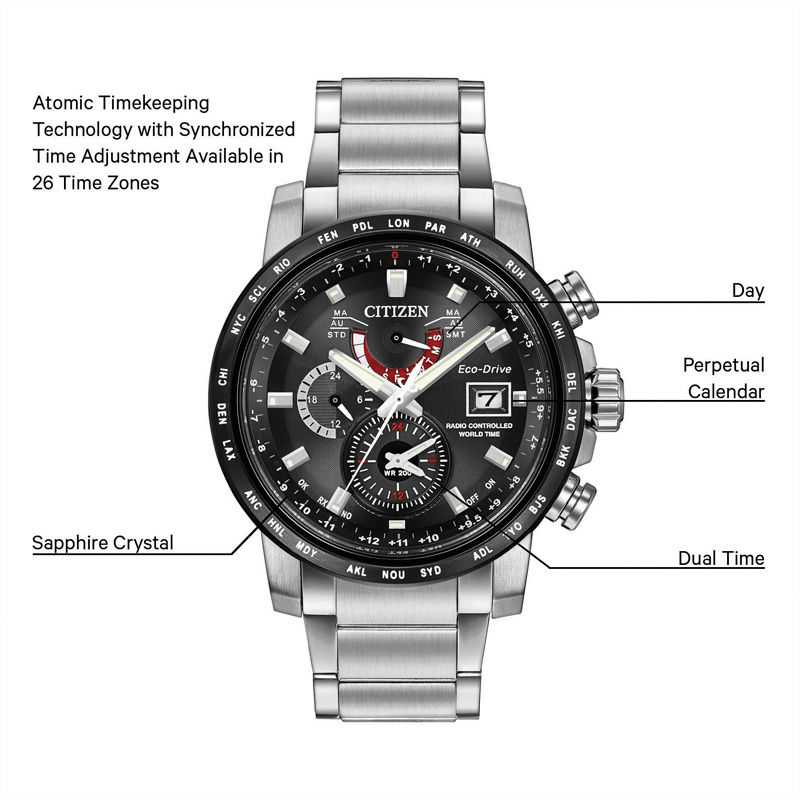 Men's Citizen Eco-Drive® World Time A-T Watch with Black Dial (Model: AT9071-58E)