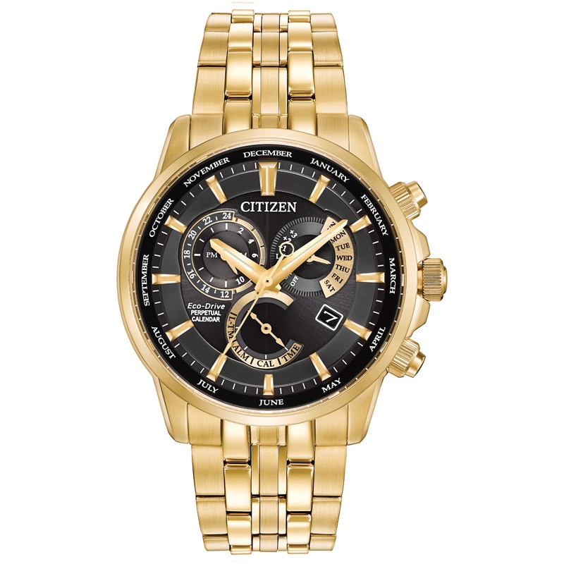 Main Image 1 of Men's Citizen Eco-Drive® caliber 8700 Perpetual Calendar Gold-Tone Watch with Black Dial (Model: BL8142-50E)