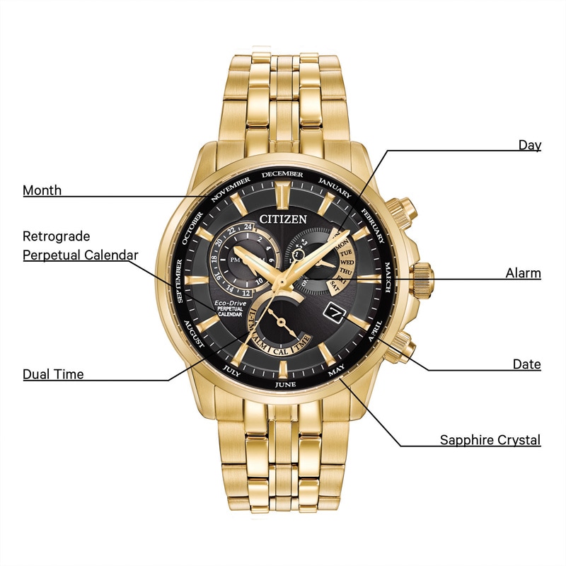 Men's Citizen Eco-Drive® caliber 8700 Perpetual Calendar Gold-Tone Watch with Black Dial (Model: BL8142-50E)