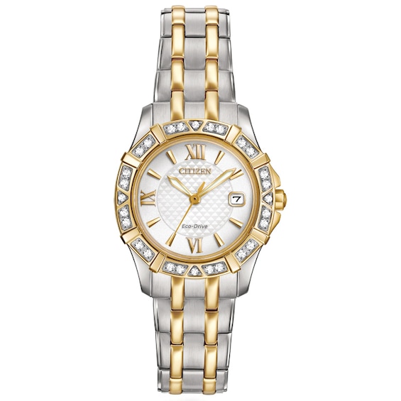 Ladies' Citizen Eco-Drive® Diamond Accent Two-Tone Watch with White Dial (Model: Ew2364-50A)