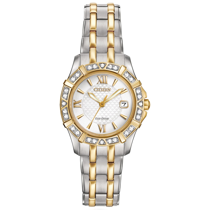 Main Image 1 of Ladies' Citizen Eco-Drive® Diamond Accent Two-Tone Watch with White Dial (Model: EW2364-50A)