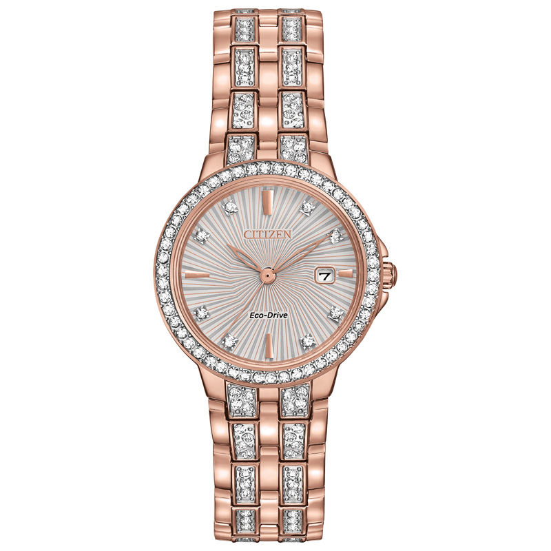 Ladies' Citizen Eco-Drive® Silhouette Crystal Rose-Tone Watch with Silver-Tone Dial (Model: EW2348-56A)