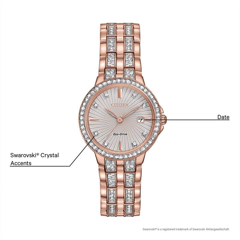 Ladies' Citizen Eco-Drive® Silhouette Crystal Rose-Tone Watch with Silver-Tone Dial (Model: EW2348-56A)