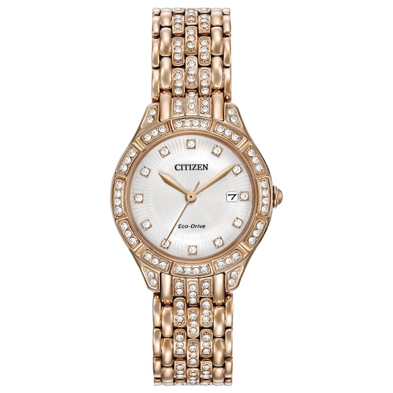 Ladies' Citizen Eco-Drive® Silhouette Crystal Rose-Tone Watch with White Dial (Model: Ew2323-57A)