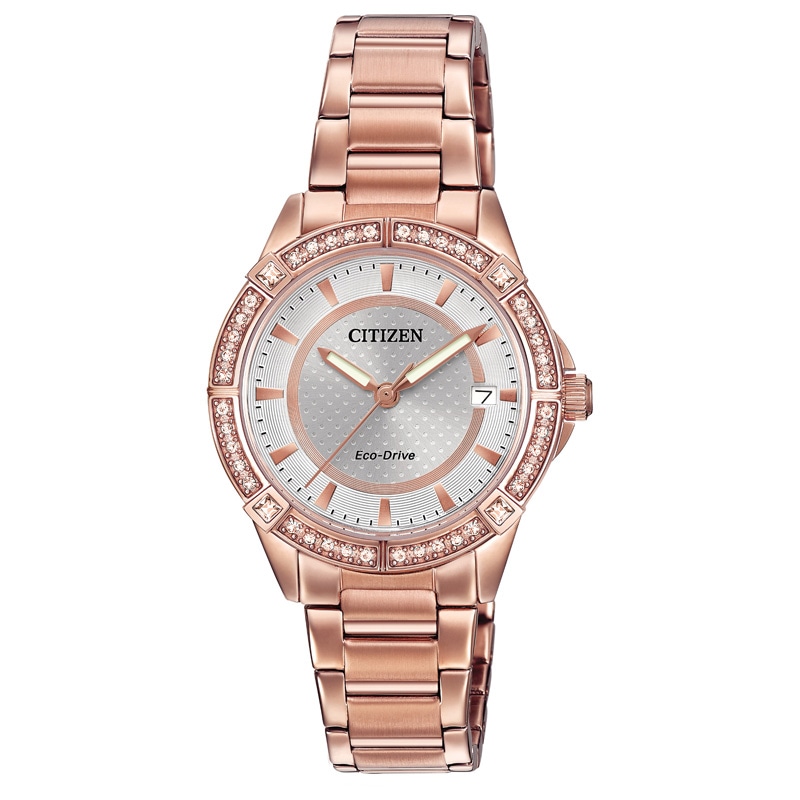 Ladies' Drive from Citizen Eco-Drive® Crystal Accent Rose-Tone Watch With Silver-Tone Dial (Model: FE6063-53A)