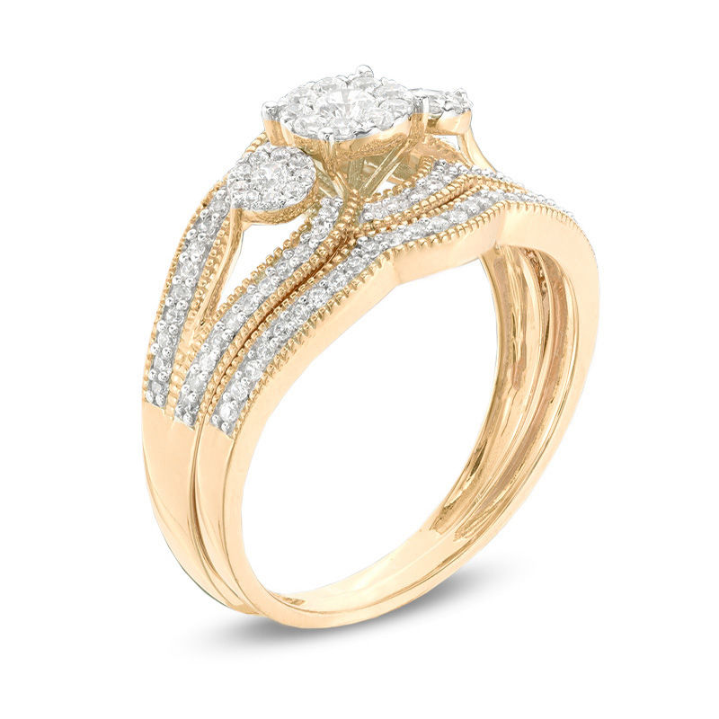 Main Image 2 of 1/2 CT. T.W. Composite Diamond Three Stone Vintage-Style Bridal Set in 10K Gold