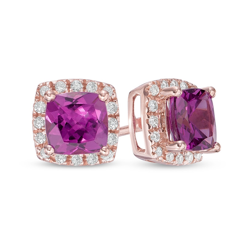 Main Image 1 of 5.0mm Cushion-Cut Rhodolite Garnet and 1/10 CT. T.W. Diamond Frame Stud Earrings in 10K Rose Gold