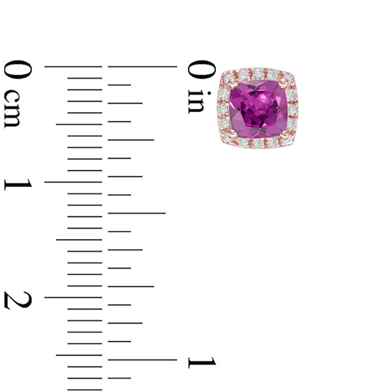 Main Image 2 of 5.0mm Cushion-Cut Rhodolite Garnet and 1/10 CT. T.W. Diamond Frame Stud Earrings in 10K Rose Gold