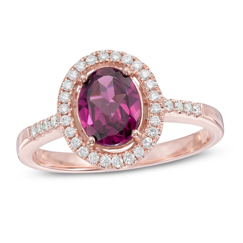 Oval Rhodolite Garnet and 1/6 CT. T.W. Diamond Frame Ring in 10K Rose Gold