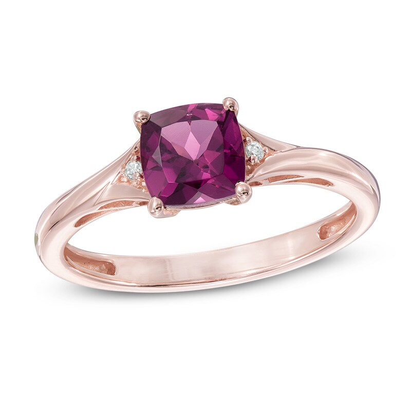 Main Image 1 of 6.0mm Cushion-Cut Rhodolite Garnet and Diamond Accent Ring in 10K Rose Gold