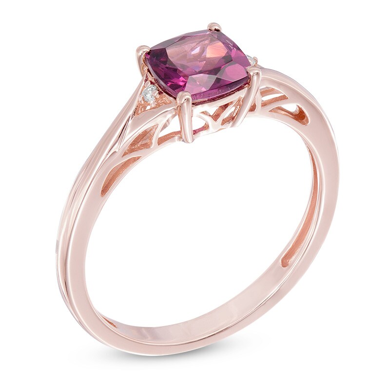 Main Image 2 of 6.0mm Cushion-Cut Rhodolite Garnet and Diamond Accent Ring in 10K Rose Gold