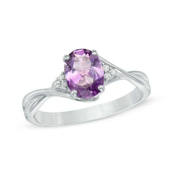 Oval Amethyst and Diamond Accent Tri-Sides Ring in Sterling Silver