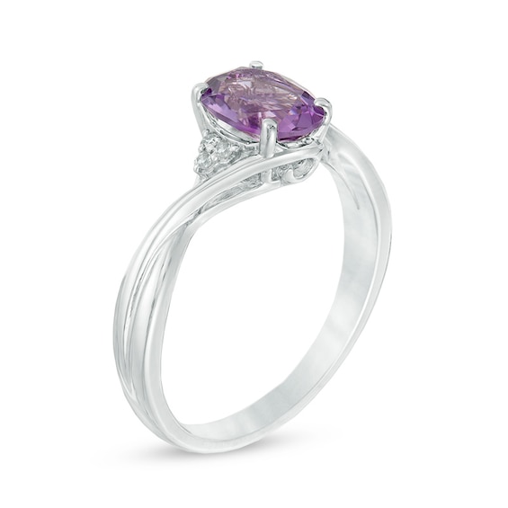 Oval Amethyst and Diamond Accent Tri-Sides Ring in Sterling Silver