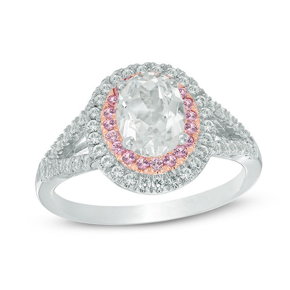Oval Lab-Created White and Pink Sapphire Double Frame Ring in Sterling Silver with 14K Rose Gold Plate