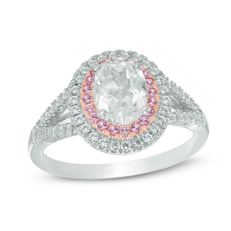 Main Image 1 of Oval Lab-Created White and Pink Sapphire Double Frame Ring in Sterling Silver with 14K Rose Gold Plate