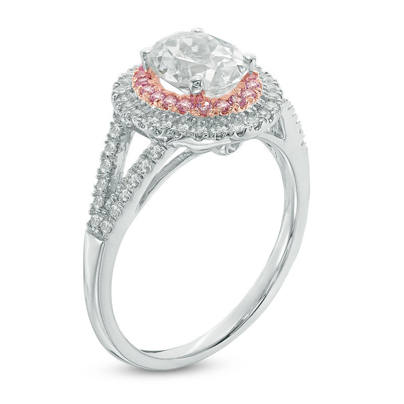 Main Image 2 of Oval Lab-Created White and Pink Sapphire Double Frame Ring in Sterling Silver with 14K Rose Gold Plate