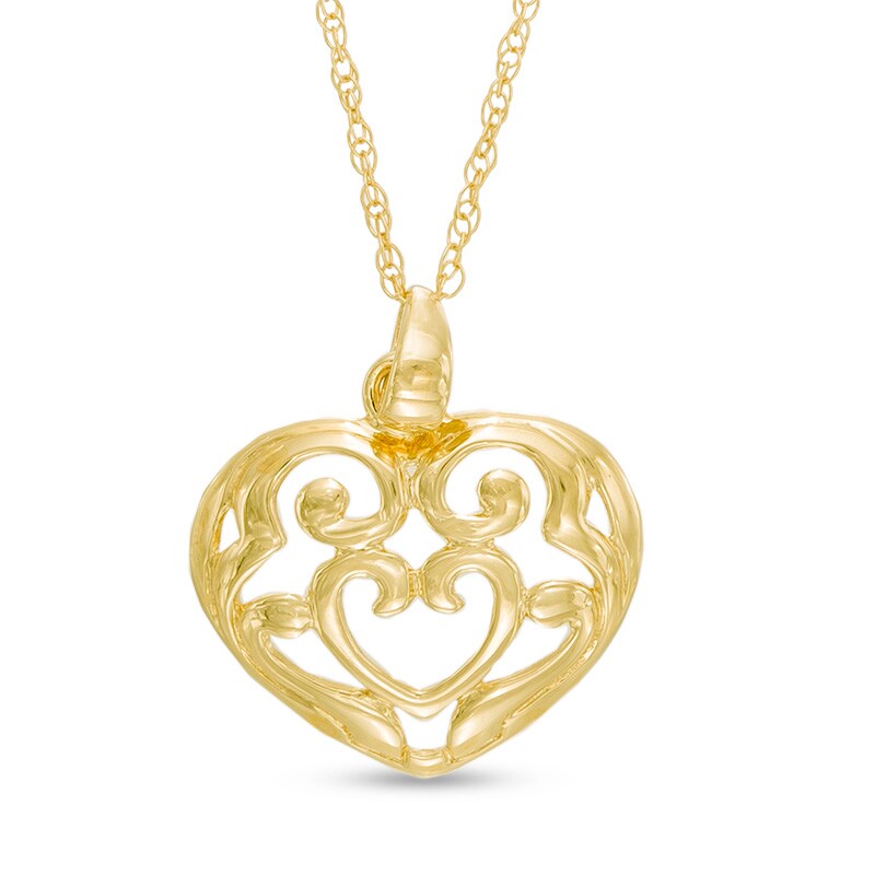 Main Image 1 of Scroll Heart Pendant in 10K Gold