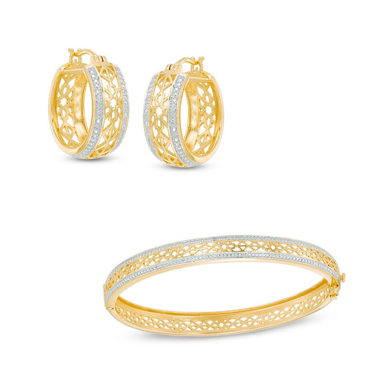 Main Image 1 of Vintage-Style Basket Weave Bangle and Hoop Earrings Set in Sterling Silver and 18K Gold Plate
