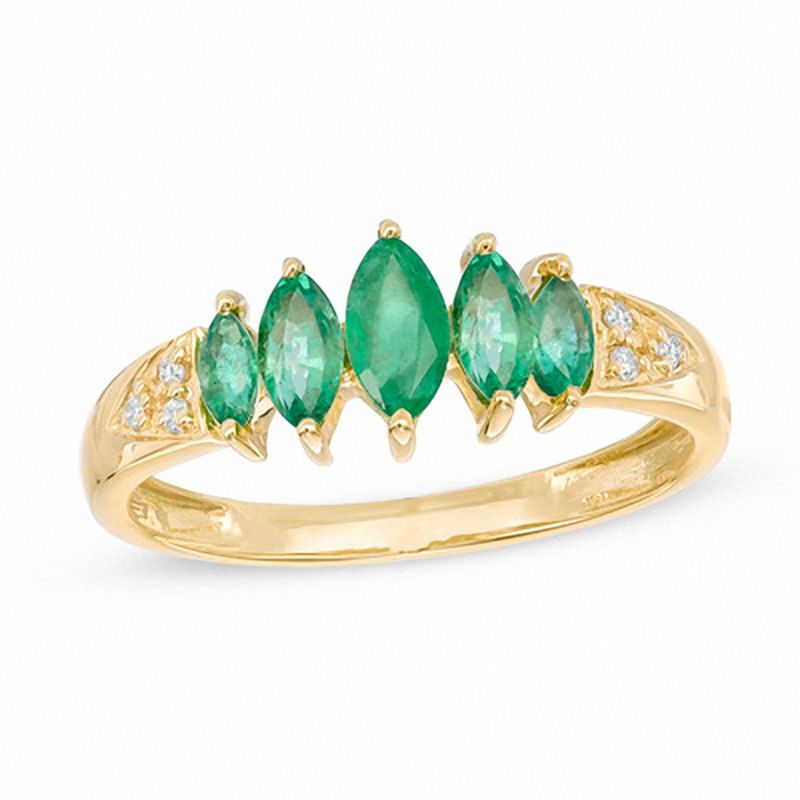 Marquise Emerald and Diamond Accent Five Stone Ring in 10K Gold