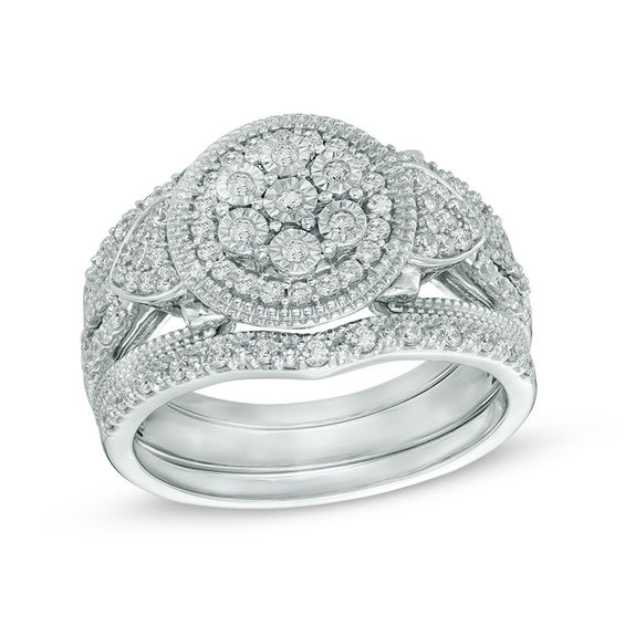 1/2 CT. T.W. Composite Diamond Frame Vintage-Style Bridal Set in 10K White Gold 1/2 CT. T.W. Composite Diamond Frame Vintage-Style Bridal Set in 10K White Gold