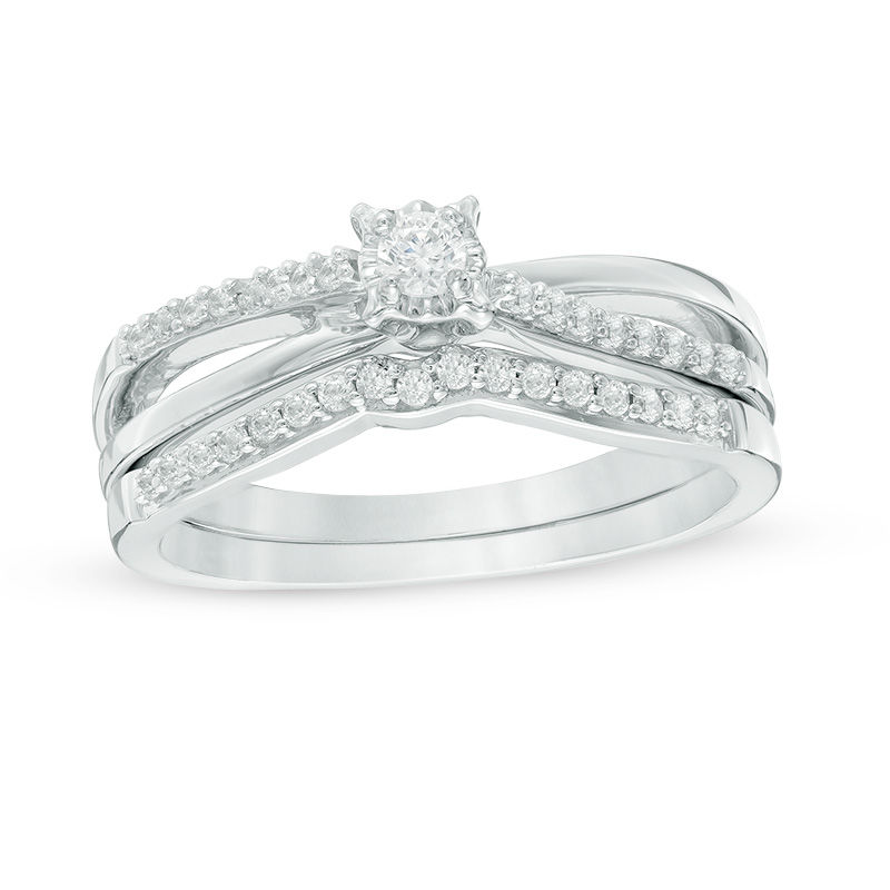 Main Image 1 of 1/4 CT. T.W. Diamond Split Shank Bridal Set in 10K White Gold