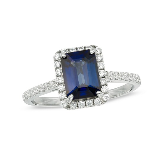 Emerald-Cut Lab-Created Blue and White Sapphire Frame Ring in 10K White Gold