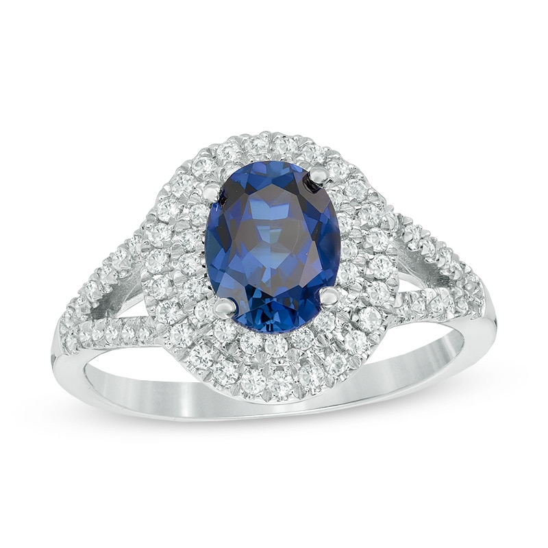 Main Image 1 of Oval Lab-Created Blue and White Sapphire Double Frame Ring in Sterling Silver
