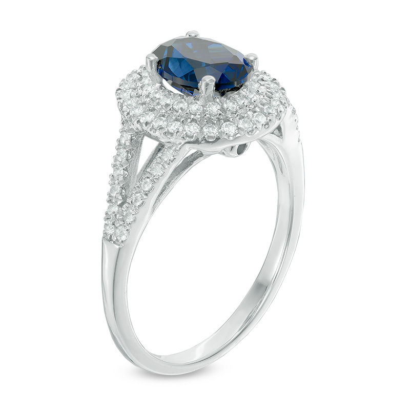 Main Image 2 of Oval Lab-Created Blue and White Sapphire Double Frame Ring in Sterling Silver