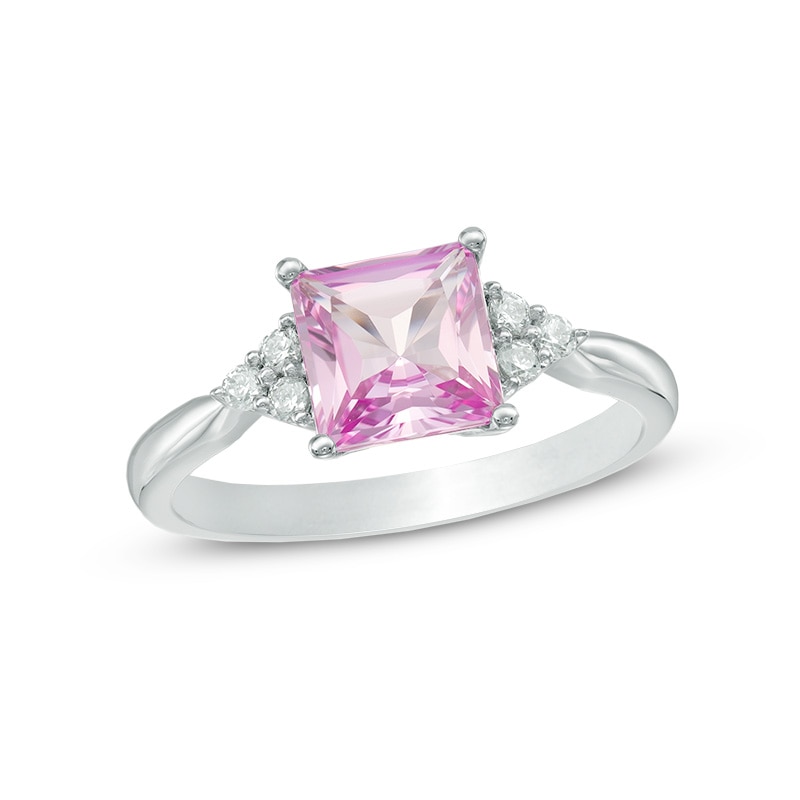 7.0mm Princess-Cut Lab-Created Pink and White Sapphire Tri-Sides Ring in Sterling Silver