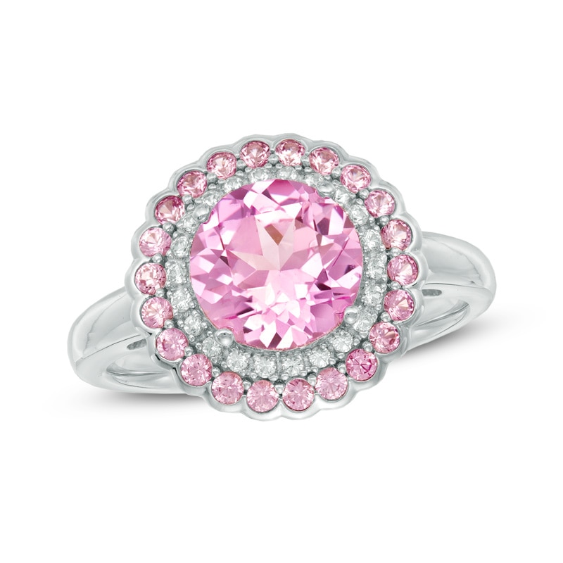 Main Image 1 of 8.0mm Lab-Created Pink and White Sapphire Double Frame Flower Ring in Sterling Silver