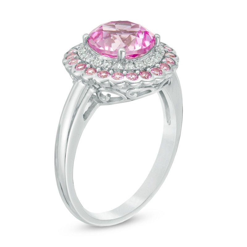 8.0mm Lab-Created Pink and White Sapphire Double Frame Flower Ring in Sterling Silver
