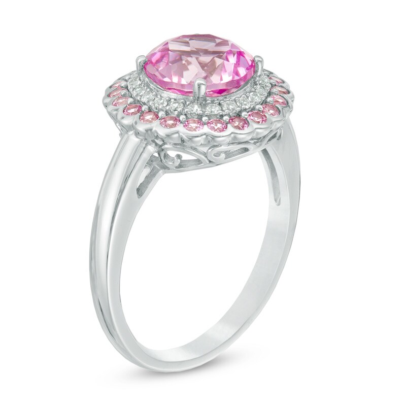 Main Image 2 of 8.0mm Lab-Created Pink and White Sapphire Double Frame Flower Ring in Sterling Silver