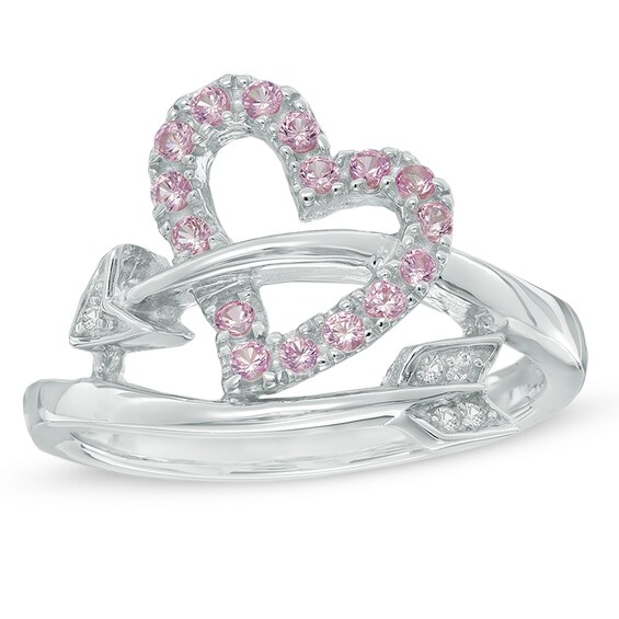 Lab-Created Pink and White Sapphire Heart and Arrow Wrap Ring in Sterling Silver
