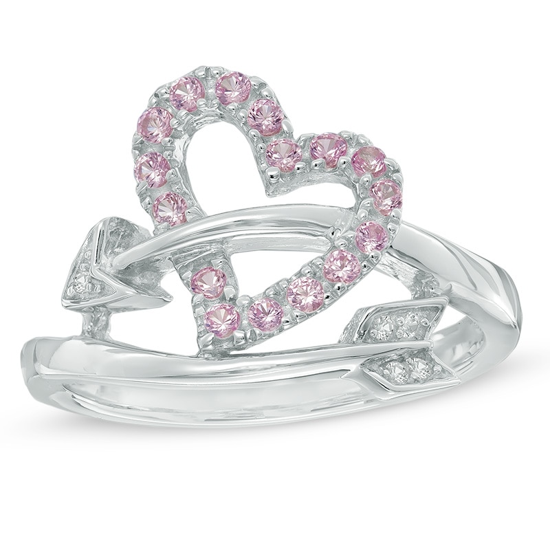 Main Image 1 of Lab-Created Pink and White Sapphire Heart and Arrow Wrap Ring in Sterling Silver